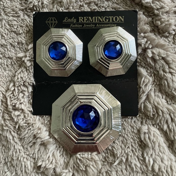 Lady Remington Silver and Blue Earrings with Matching Brooch - Picture 1 of 3